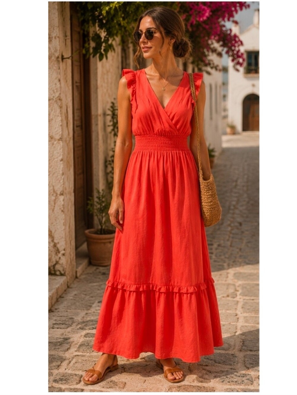 Monteau Orange Linen Blend Smocked Tiered Maxi Dress Ruffle Sleeves Size XS
